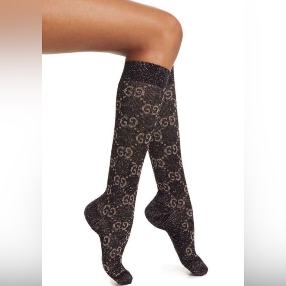 Gucci Lamé GG Black Knee High Socks